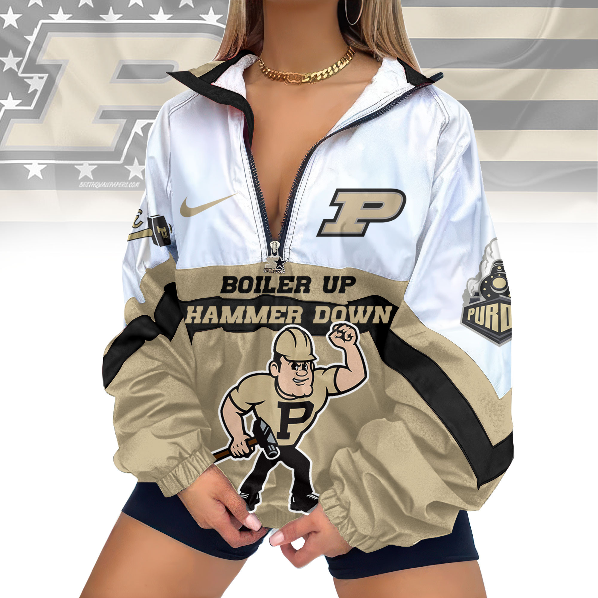 Purdue Boilermakers | Premium Women Printed V-Neck Zipper Sweatshirt Jackets NCAA TD