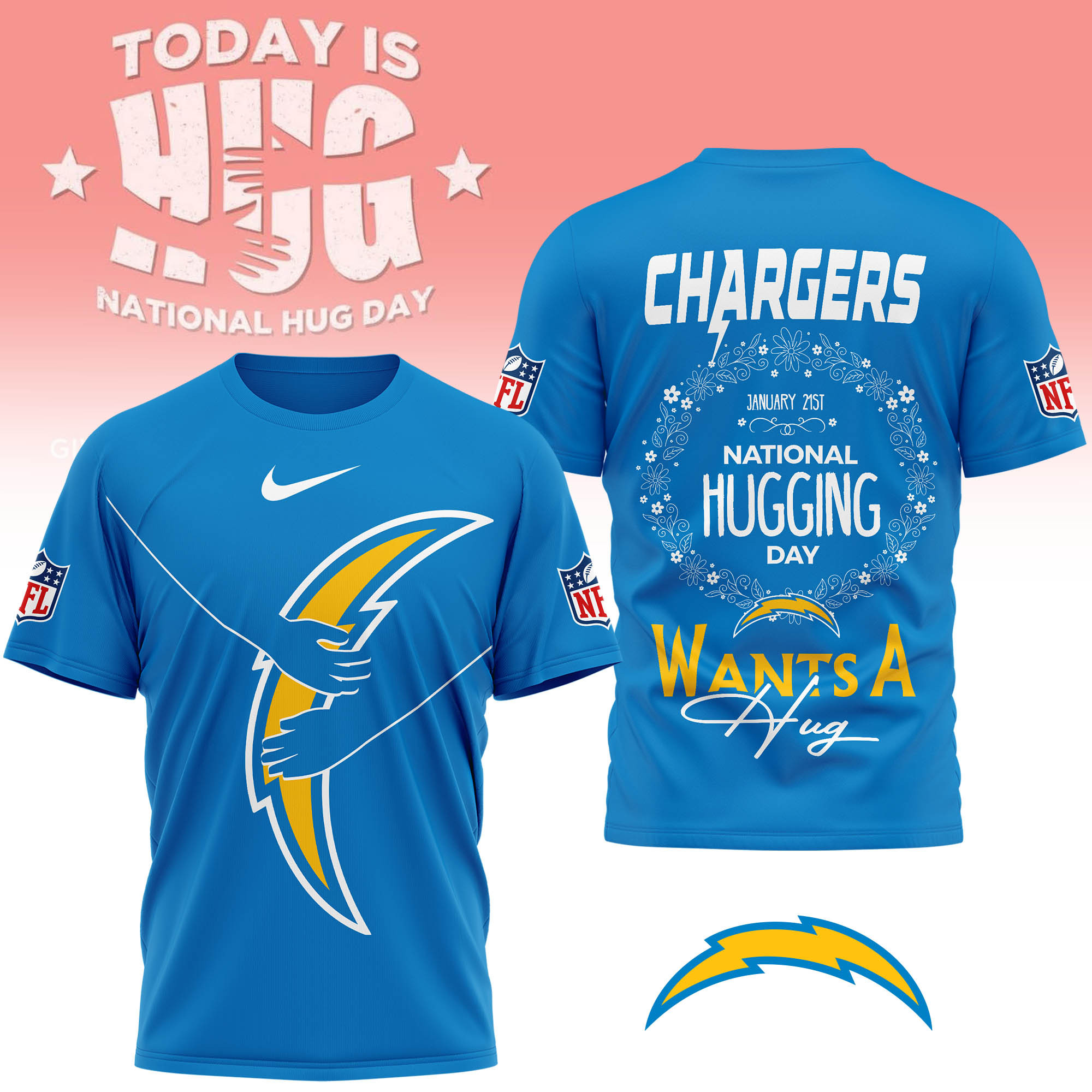 Los Angeles Chargers | Premium NFL National Hugging Day 3D Shirt - Image 3