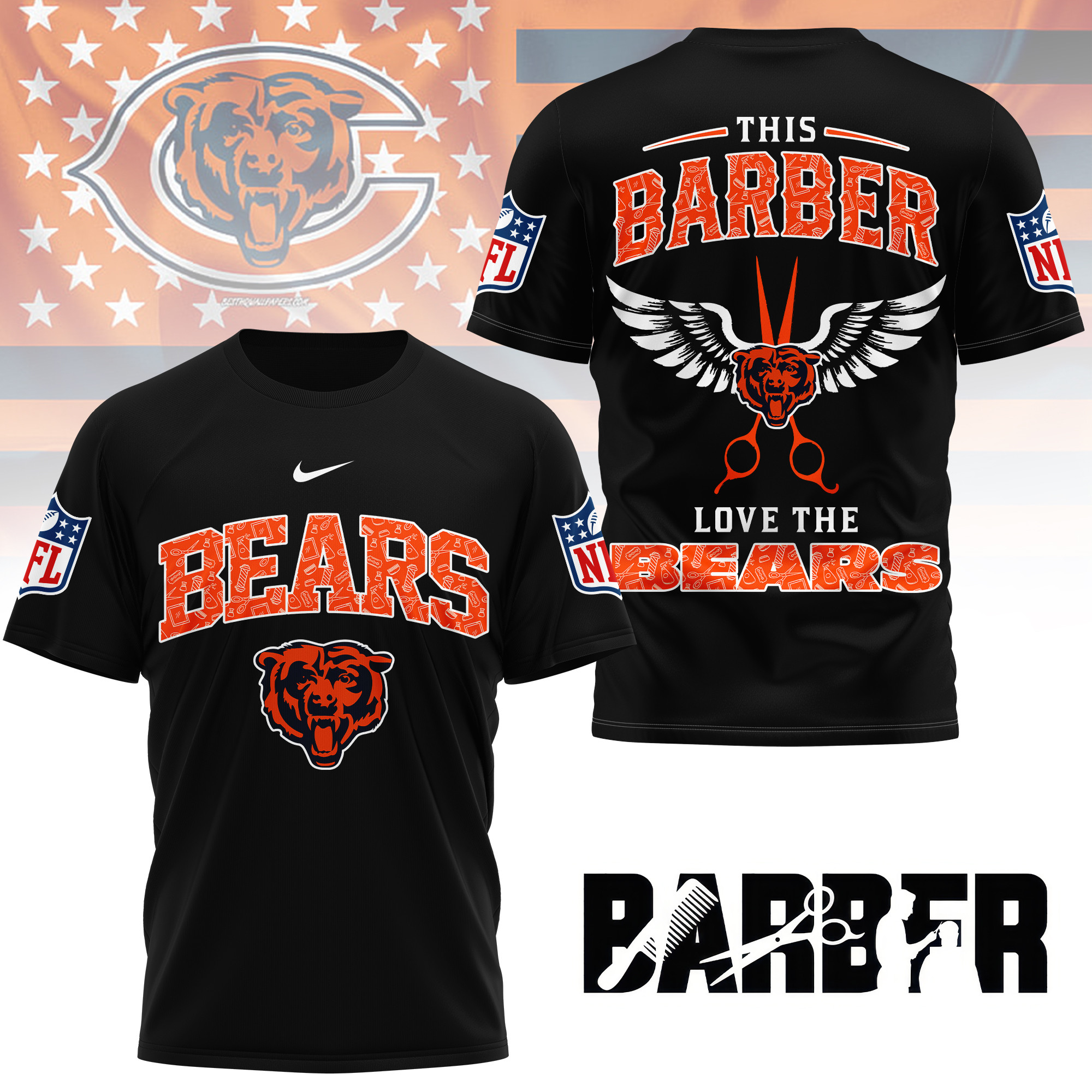 Chicago Bears | Premium NFL Barber Fan 3D Shirt NY - Image 2