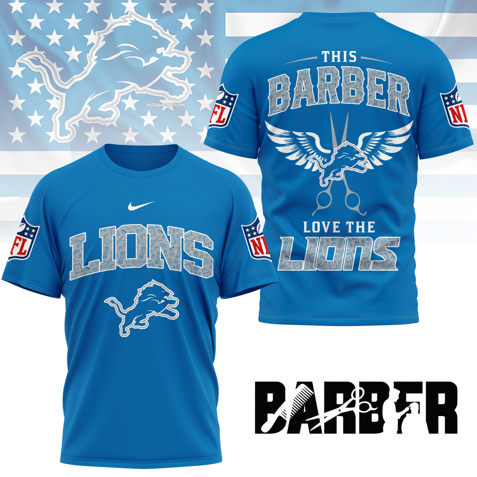 Detroit Lions | Premium NFL Barber Fan 3D Shirt NY - Image 3