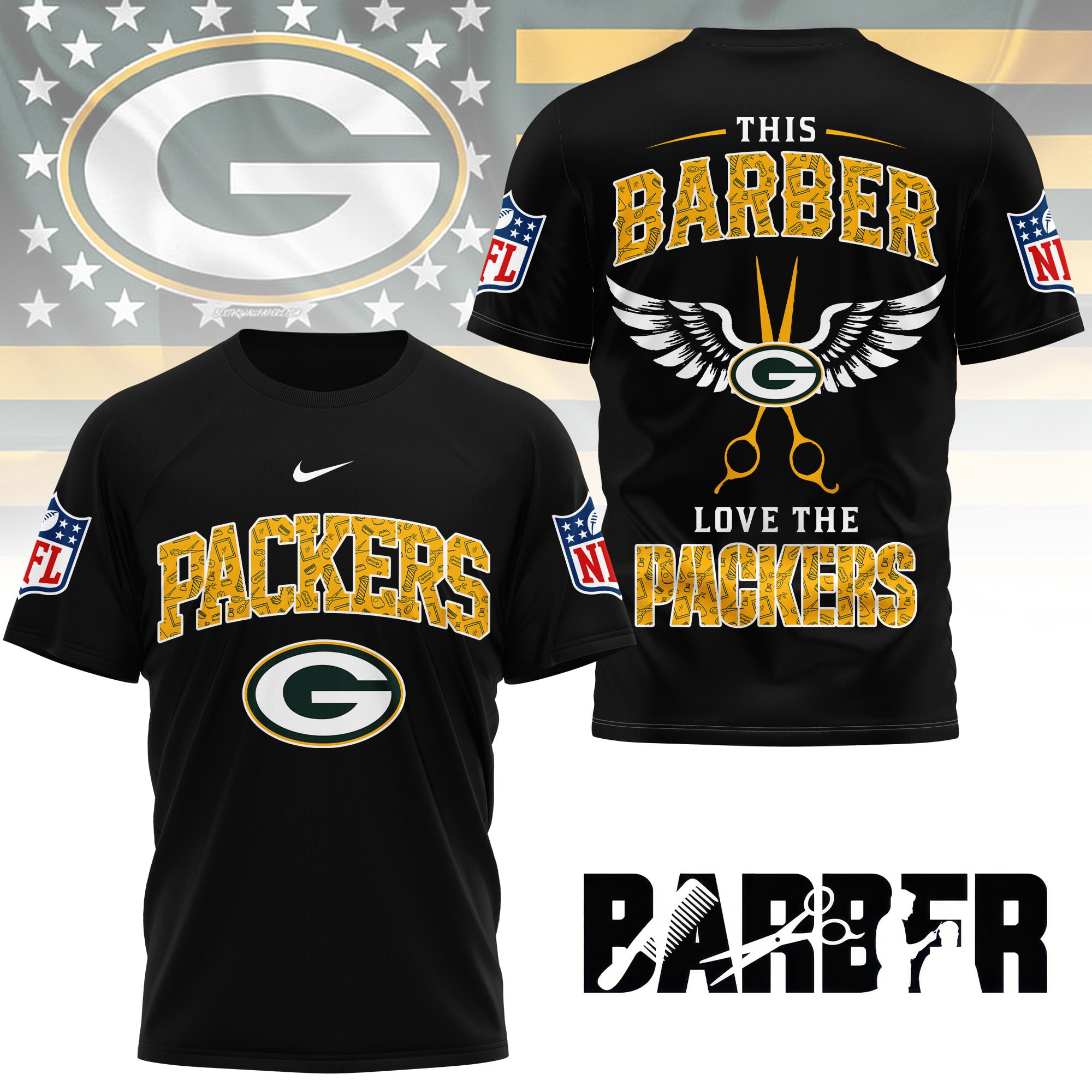 Green Bay Packers | Premium NFL Barber Fan 3D Shirt NY - Image 2