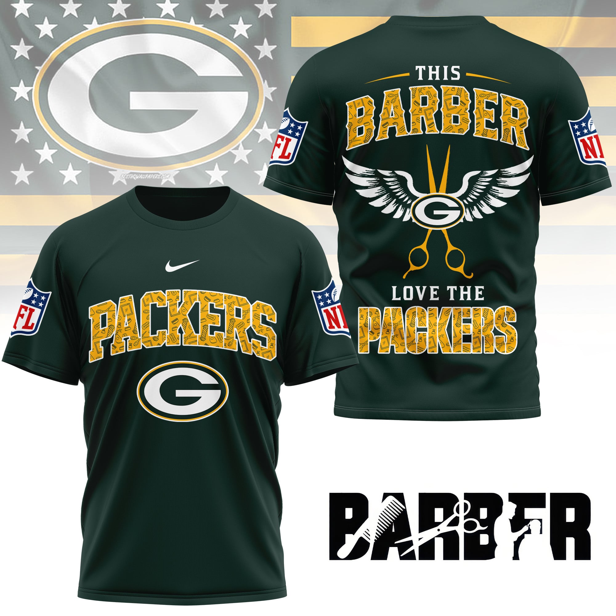 Green Bay Packers | Premium NFL Barber Fan 3D Shirt NY - Image 3