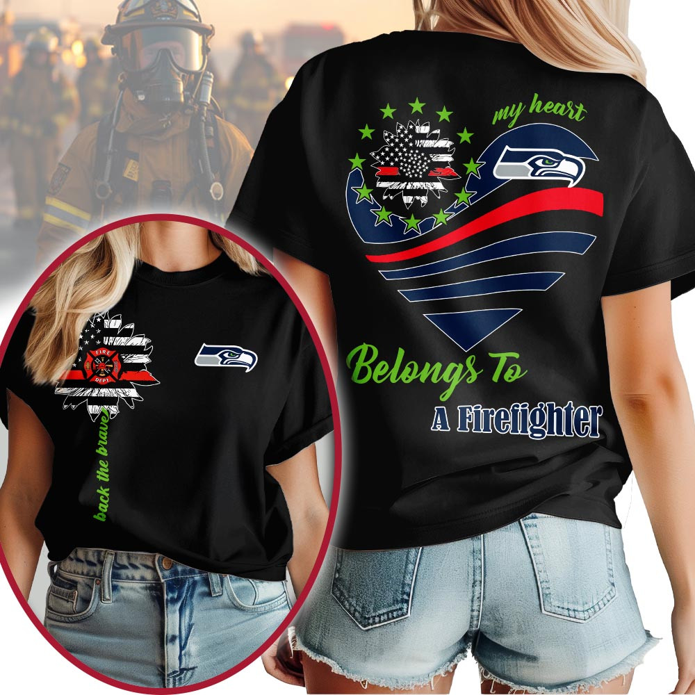 Seattle Seahawks | Premium NFL My Heart Belongs To A Firefighter T-shirt - Image 2