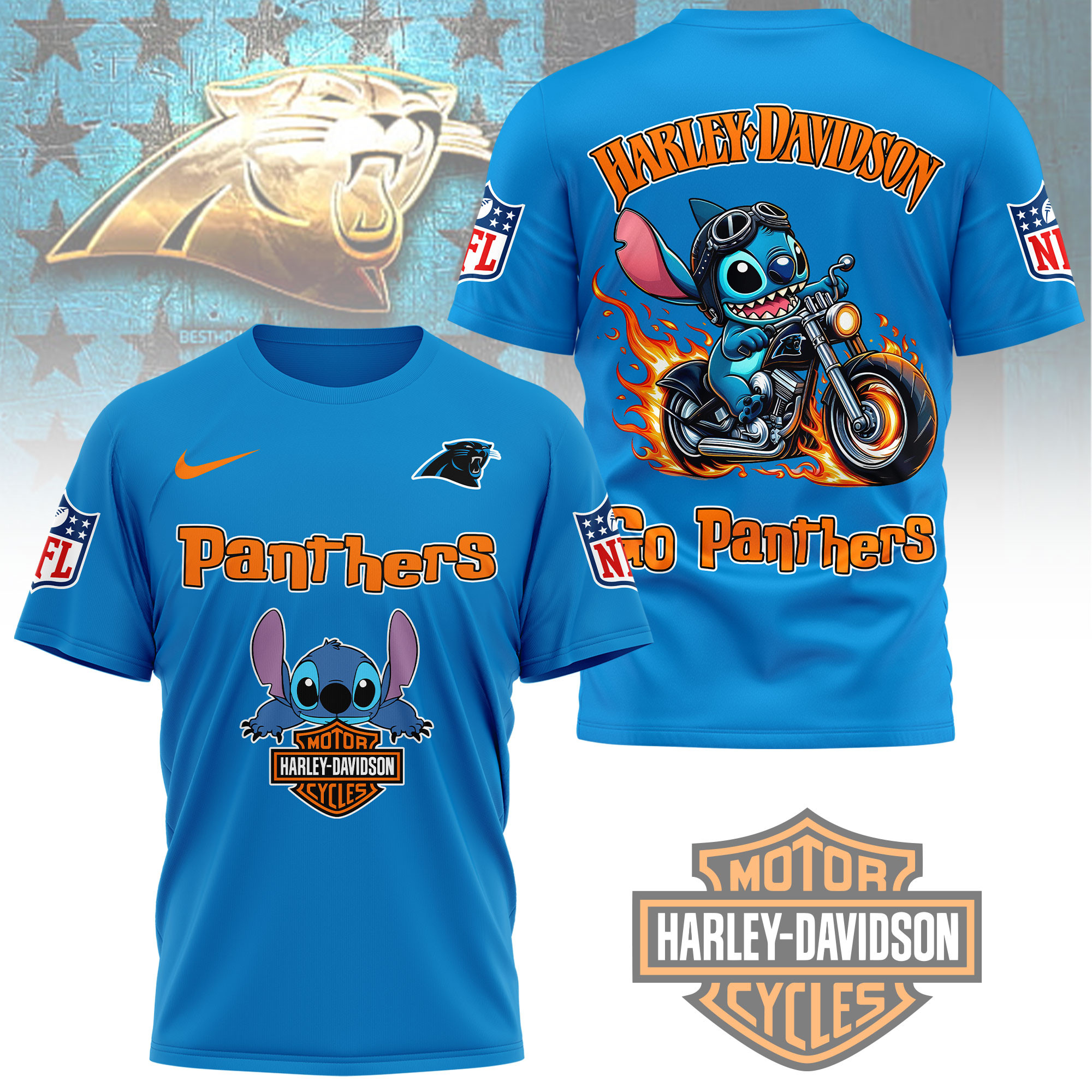 Carolina Panthers | Premium NFL Stitch Harley Davidson 3D Shirt - Image 3
