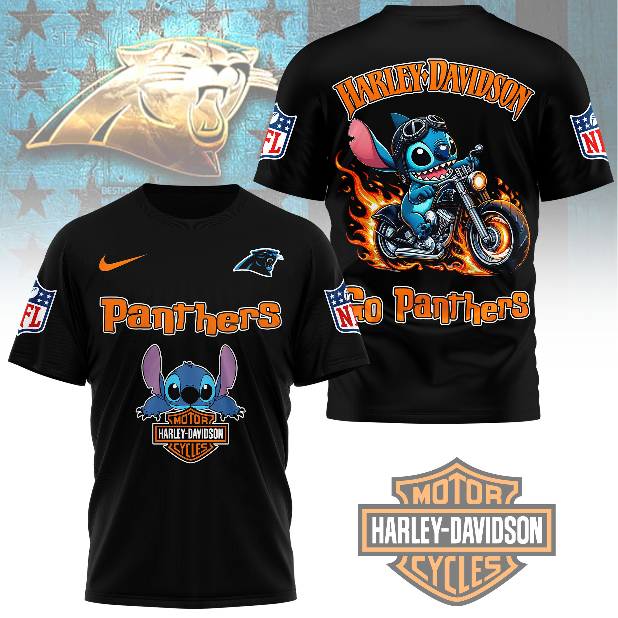 Carolina Panthers | Premium NFL Stitch Harley Davidson 3D Shirt - Image 2