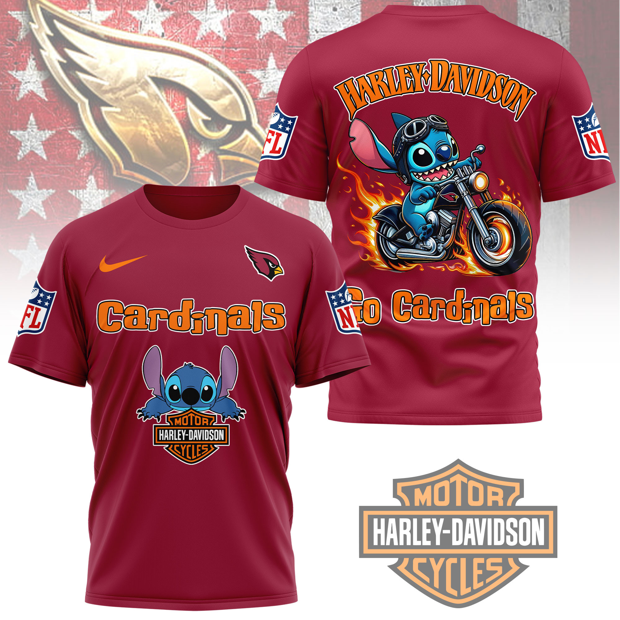 Arizona Cardinals | Premium NFL Stitch Harley Davidson 3D Shirt - Image 3