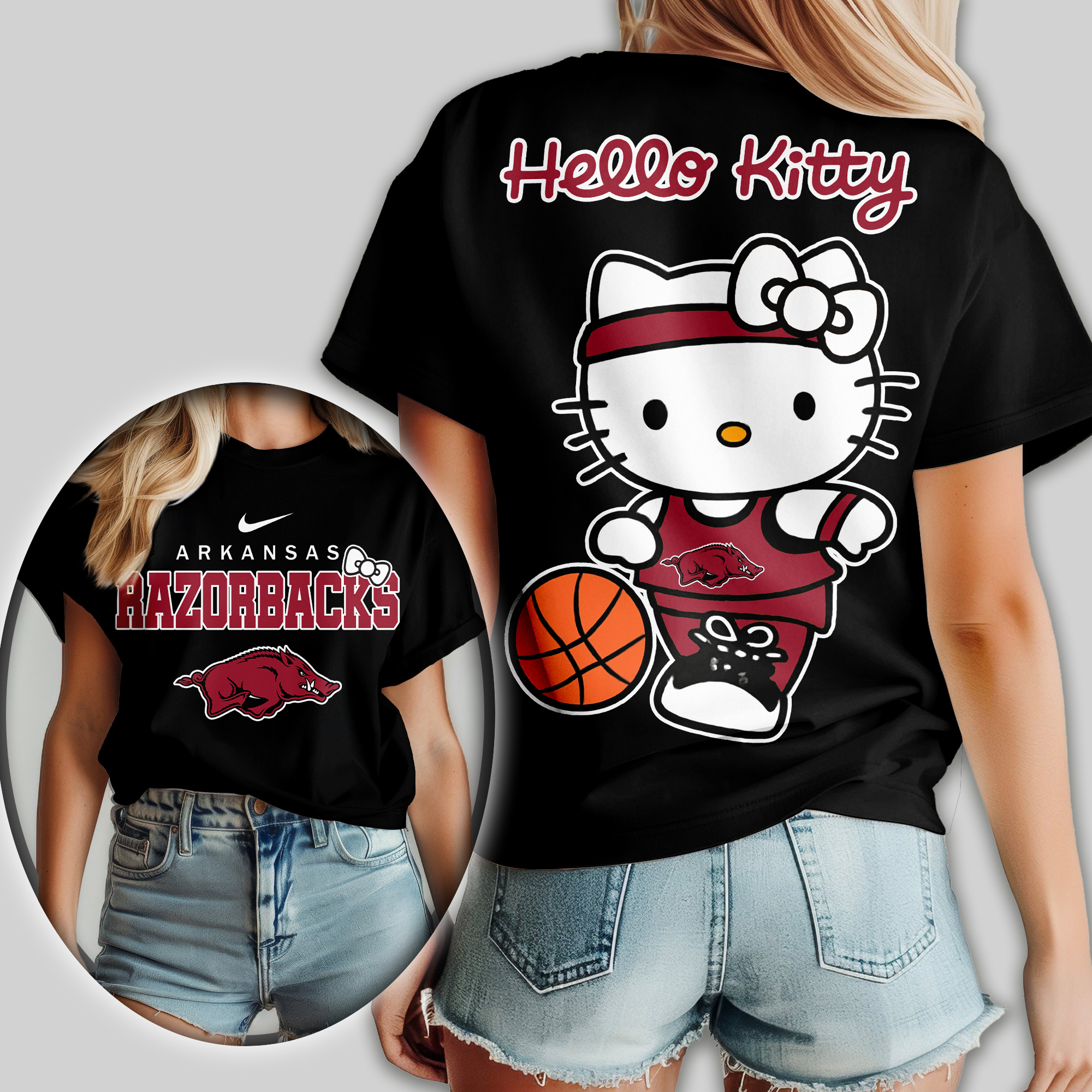 Arkansas Razorbacks | Premium NCAA Hello Kitty Basketball Women Shirt - Image 2
