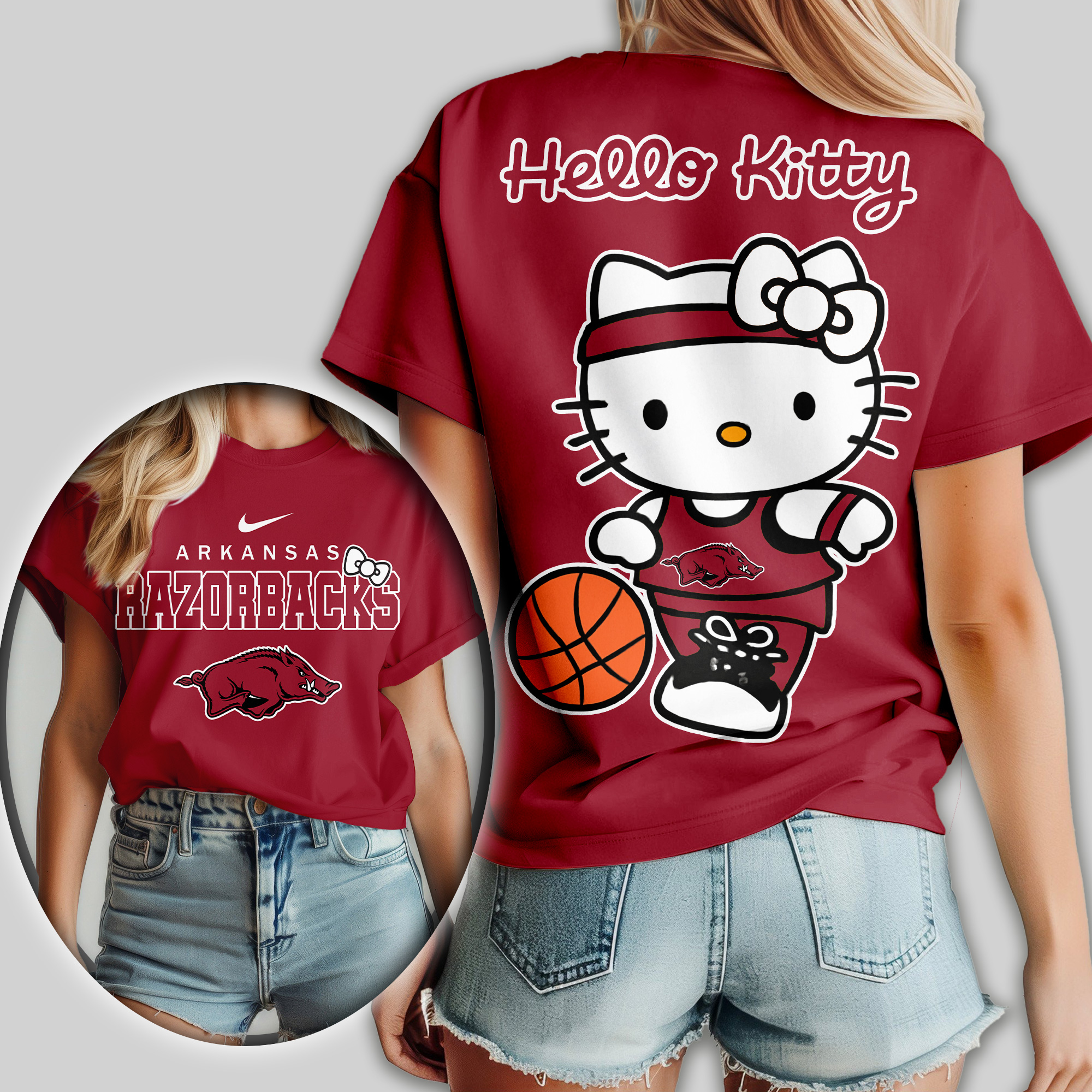 Arkansas Razorbacks | Premium NCAA Hello Kitty Basketball Women Shirt - Image 3