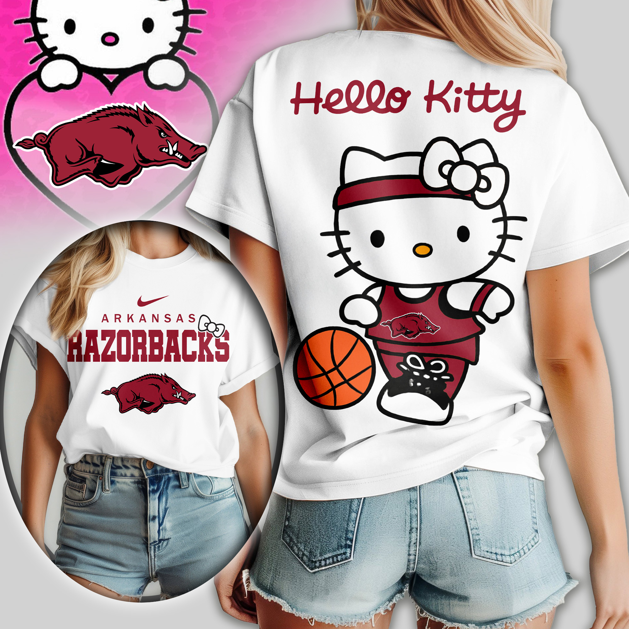 Arkansas Razorbacks | Premium NCAA Hello Kitty Basketball Women Shirt