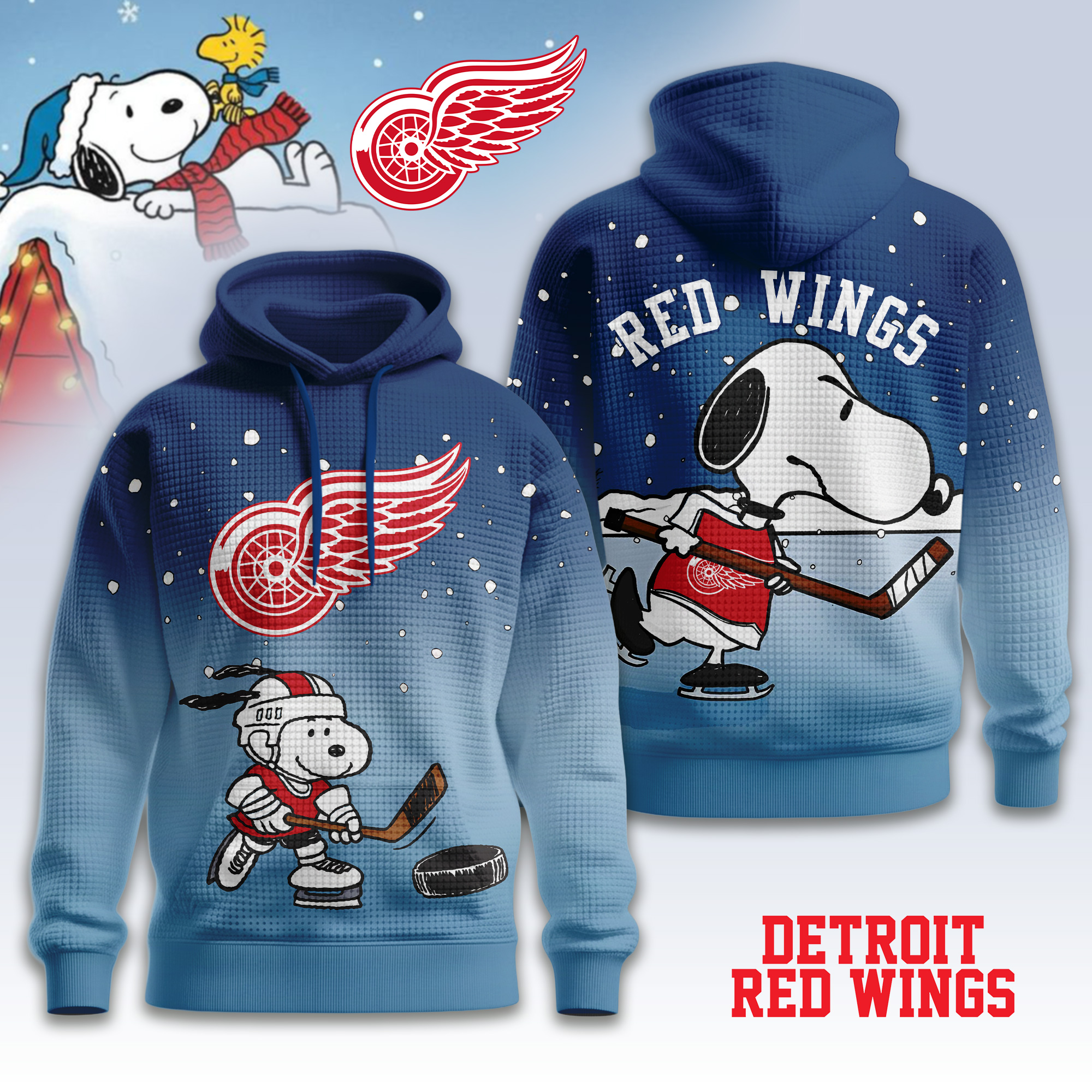 Detroit Red Wings | Premium NHL Snoopy Hockey 3D Waffle Hoodie TD