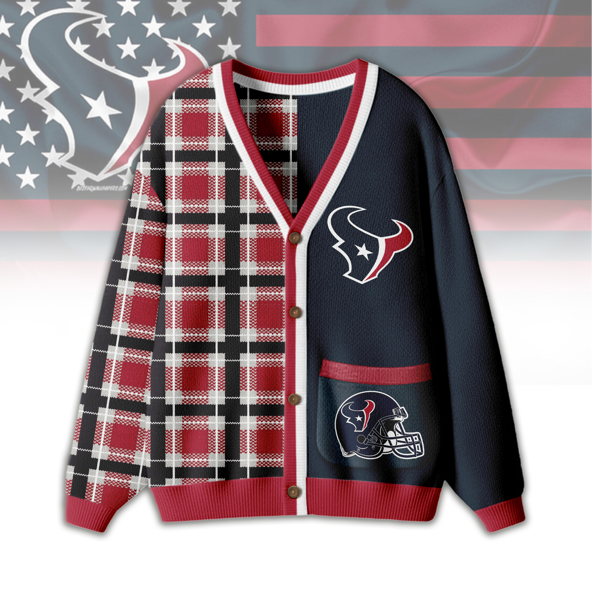 Houston Texans | Premium NFL Game Day Patchwork Cardigan with Printed Pocket Design