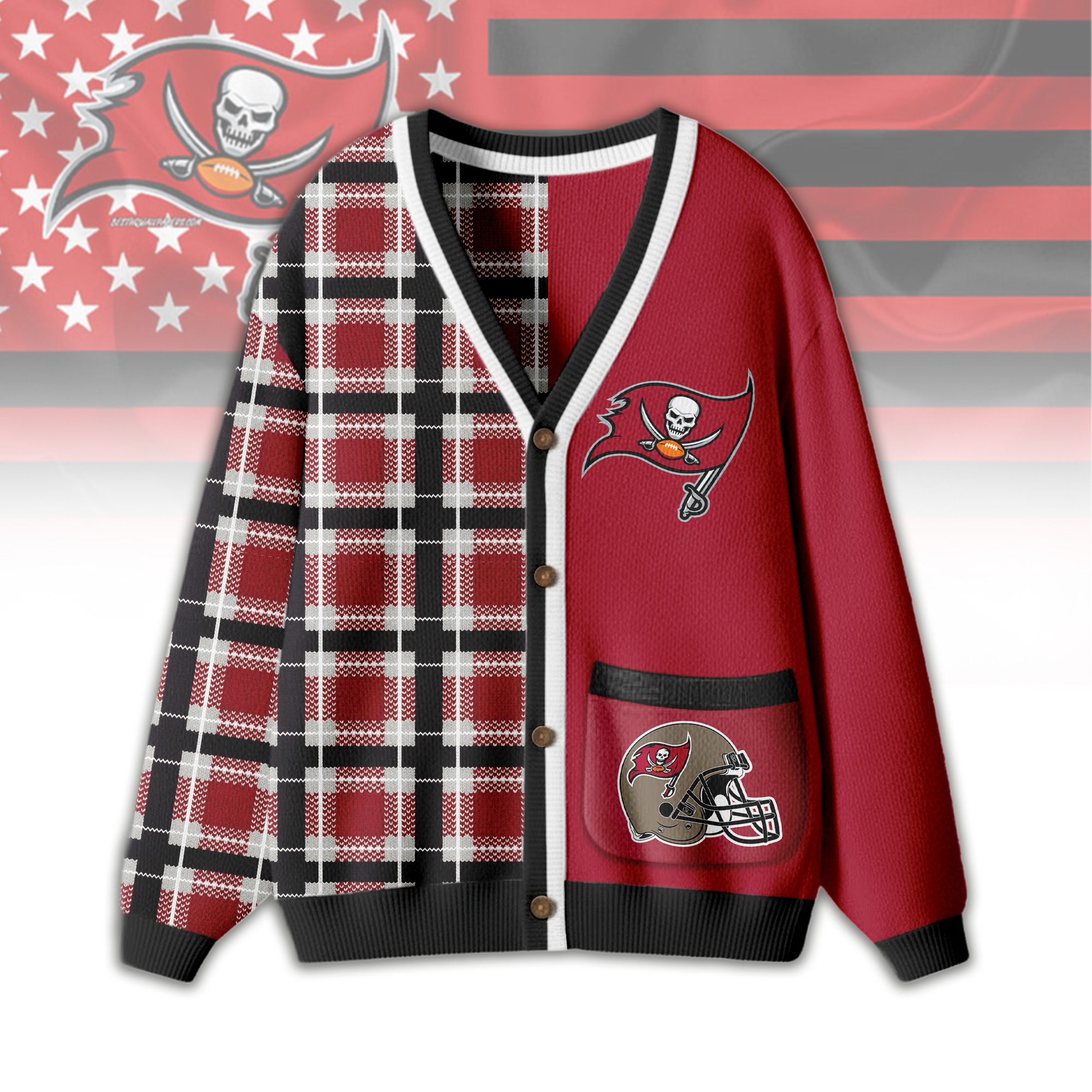 Tampa Bay Buccaneers | Premium NFL Game Day Patchwork Cardigan with Printed Pocket Design